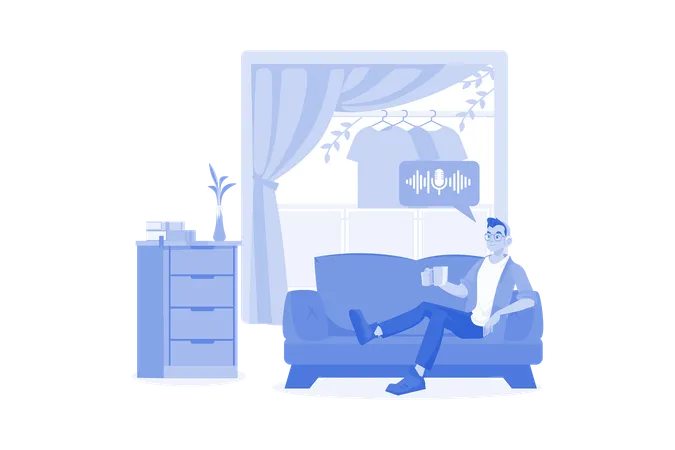 Man Listening To The Podcast While Sitting On A Couch  Illustration