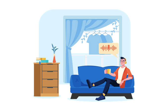 Man listening to the podcast while sitting on a couch  Illustration