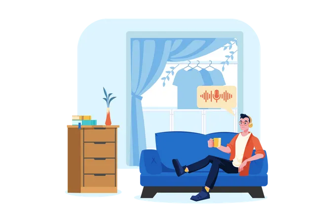 Man listening to the podcast while sitting on a couch  Illustration