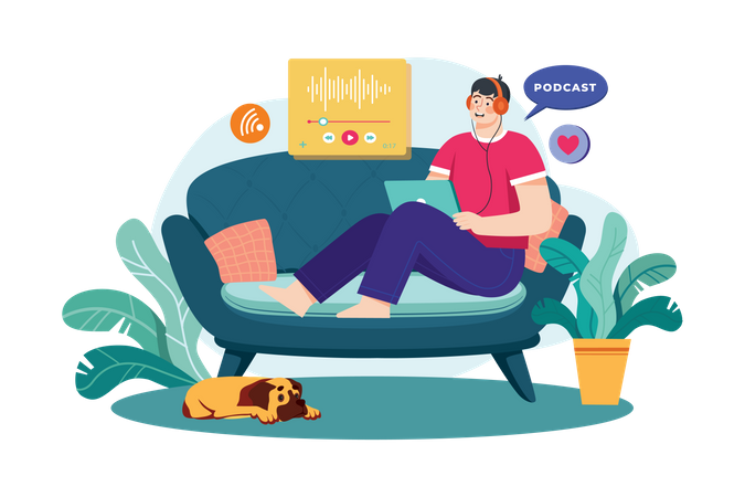 Man Listening To The Podcast While Sitting On A Couch  Illustration
