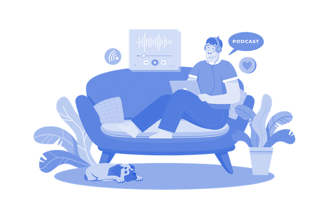 Man Listening To The Podcast While Sitting On A Couch  Illustration