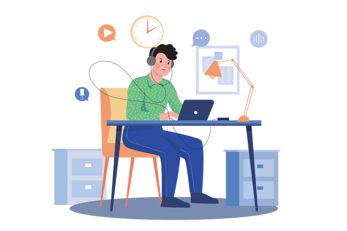 Man listening to the podcast while working  Illustration