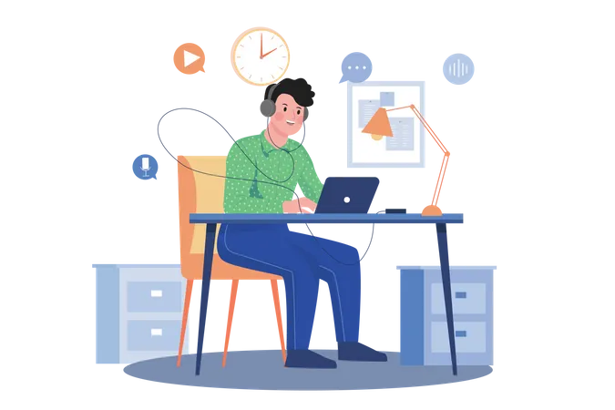 Man listening to the podcast while working  Illustration