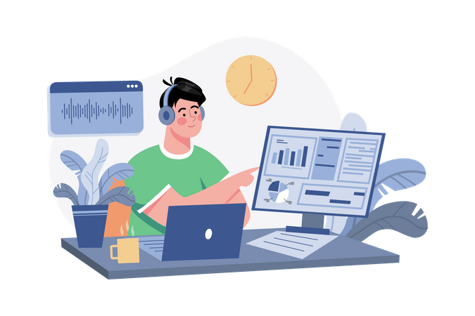 Man Listening To The Podcast While Working  Illustration