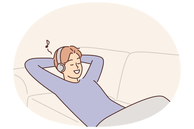 Man listens to music lying on couch with headphones and enjoys cool audio sound of favorite track  Illustration