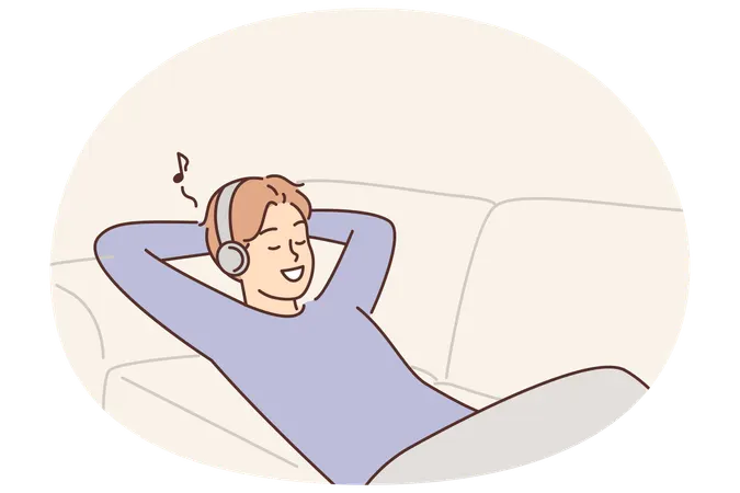 Man listens to music lying on couch with headphones and enjoys cool audio sound of favorite track  Illustration
