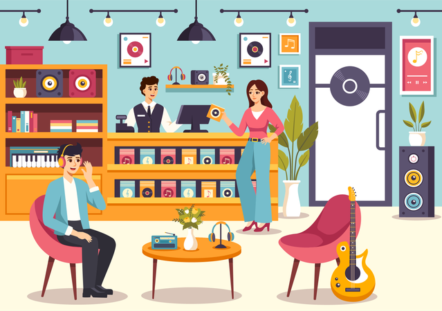 Man listing music at music store  Illustration