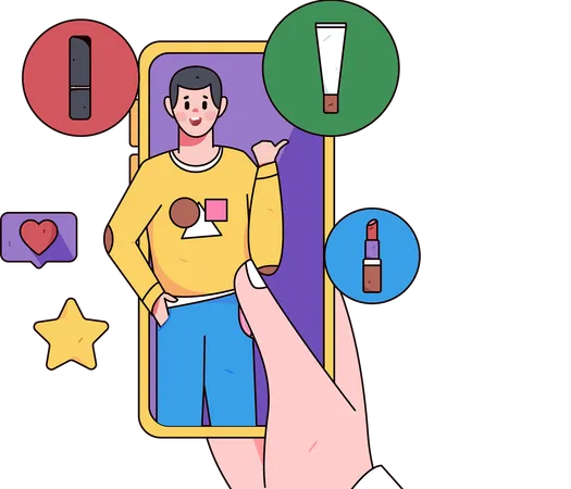 いいねやコメントをもらいながらライブ配信する男性  イラスト