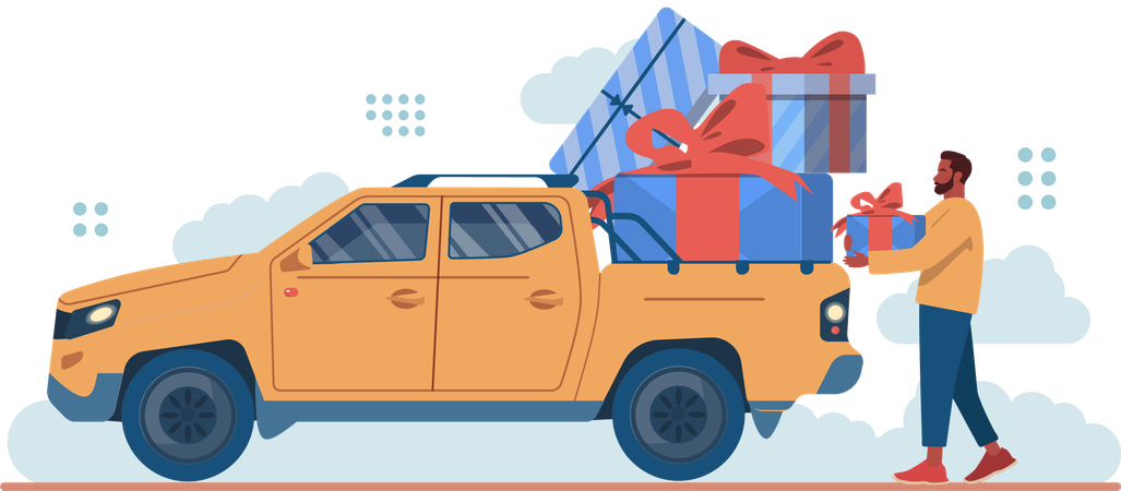 Man loading gift in pick up truck  Illustration