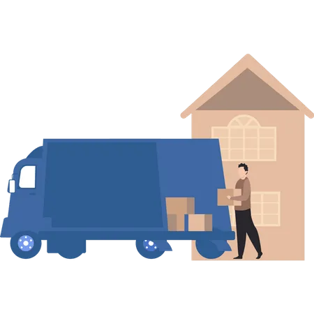 A Boy Is Loading Household Goods Into A Truck Illustration