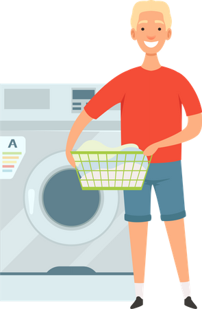 Man loading wash machine to clean clothes  일러스트레이션