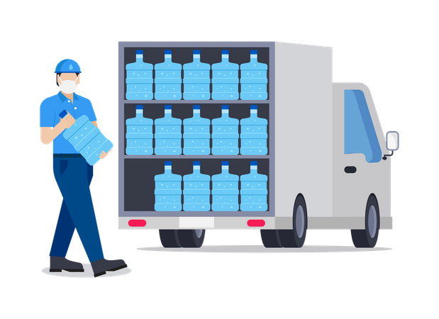 Man loading water bottles into truck  Illustration