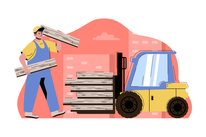 Man loading wooden planks on forklift Illustration