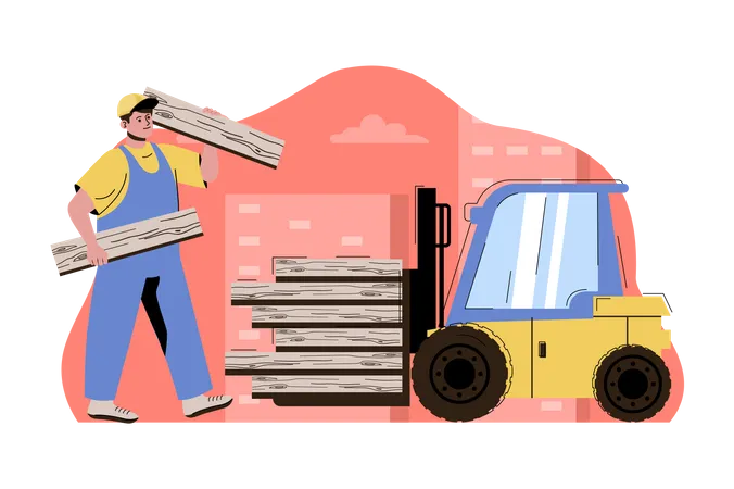 City Building Concept Man Works On Construction Loading Boards On Forklift Situation Real Estate Business People Scene Vector Illustration With Flat Character Design For Website And Mobile Site Illustration