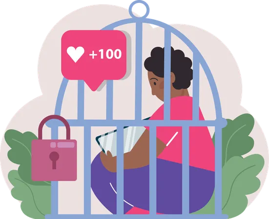 Man lock under cage for use of social media  Illustration