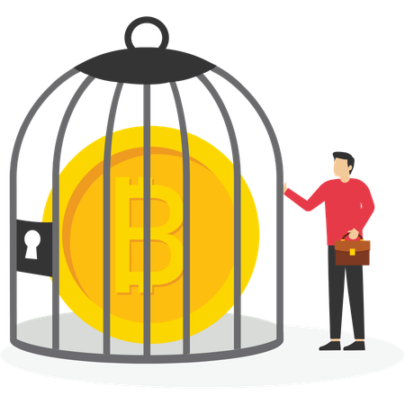 Man locking digital coins in a birdcage  Illustration