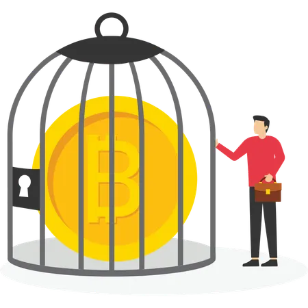 Man locking digital coins in a birdcage  Illustration