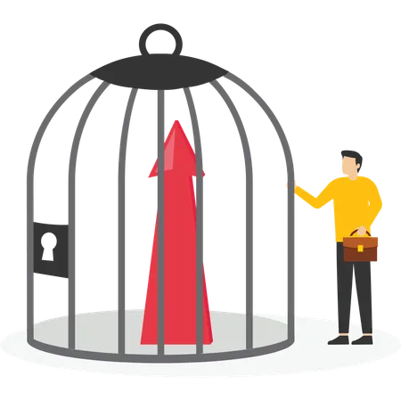 Man locks growing arrows in birdcage  Illustration