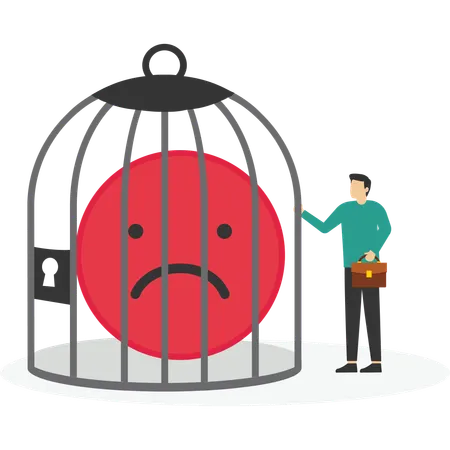 Man locks his sadness in cage  Illustration