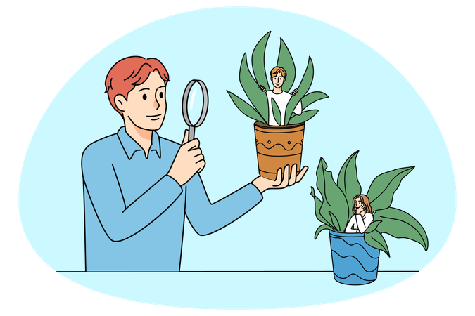 Man look at people in pots with magnifier  Illustration
