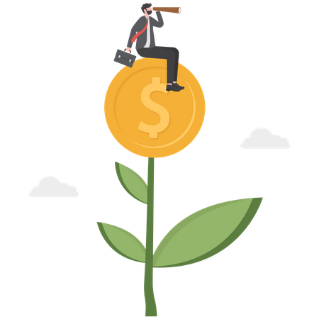 Man look through telescope on plant with money coin flower  Illustration