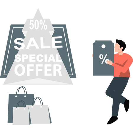Man looking at 50 percentage sales offer  イラスト