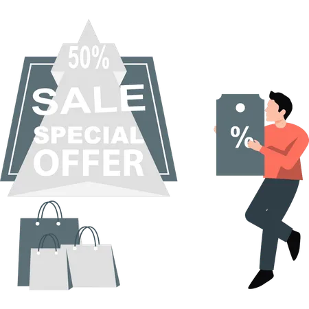 Man looking at 50 percentage sales offer  Illustration