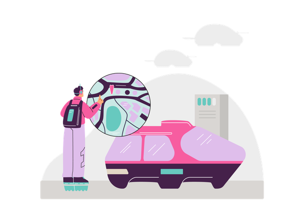 Man looking at a map projection next to a car of the future  Illustration