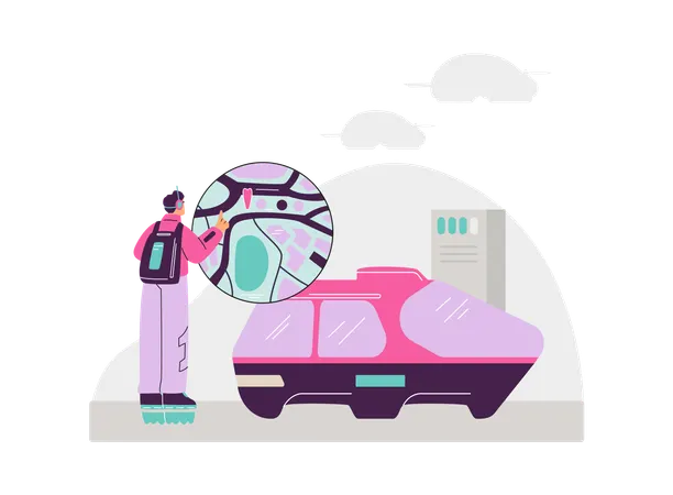 Man looking at a map projection next to a car of the future  Illustration