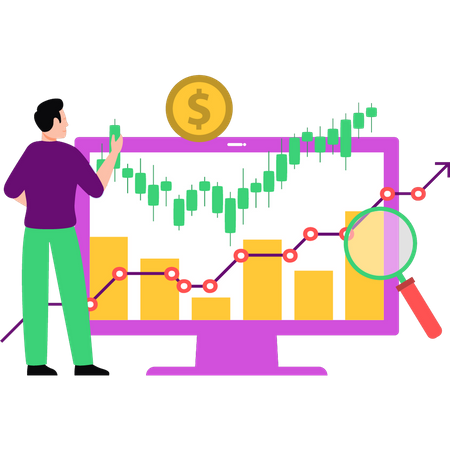 Man looking at analytical graph of dollar  Illustration