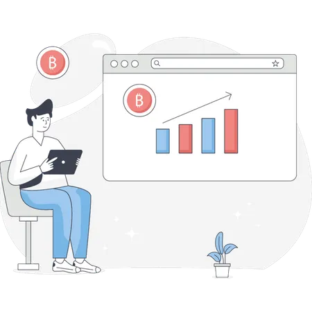 Man Looking At Bitcoin Trading  Illustration