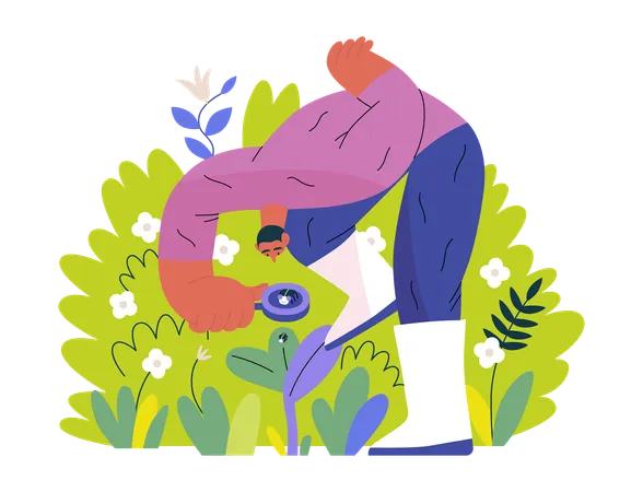 Greenery Ecology Modern Flat Vector Concept Illustration Of A Man In Plants Looking At The Bug Through The Lens Metaphor Of Environmental Sustainability And Protection Closeness To Nature Illustration