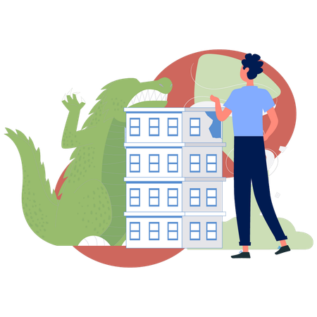 Man looking at building attack by dinosaur Illustration