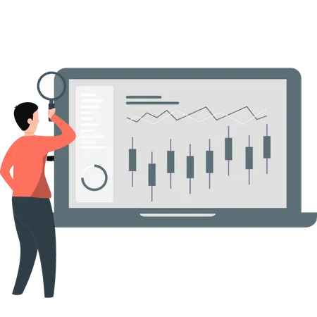 Man looking at candle stick graph on laptop  Illustration