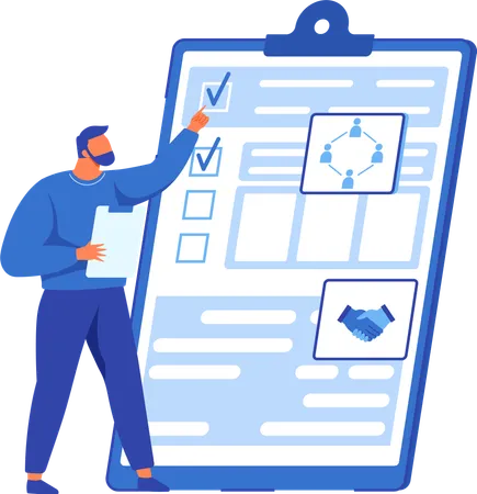 Man looking at checklist with results of social surveys  Illustration