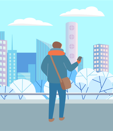 Man looking at city during winter  Illustration