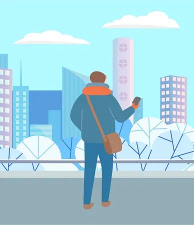 Man looking at city during winter  Illustration