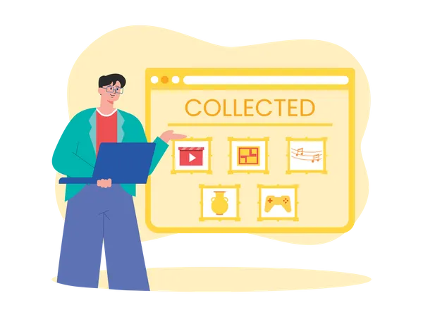 Man looking at collected NFT items Illustration