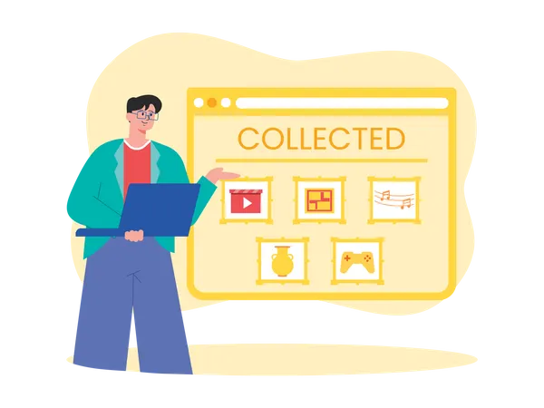 Man looking at collected NFT items  Illustration