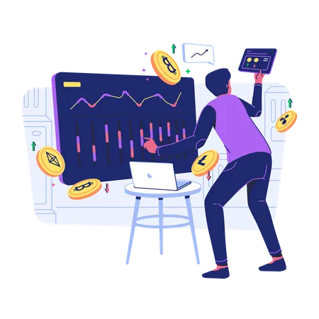 Man looking at Cryptocurrency Trading desk  Illustration