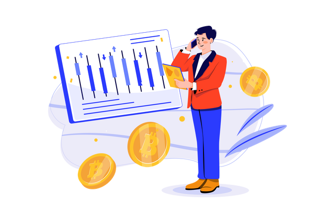 Man looking at Cryptocurrency Trading Desk Illustration