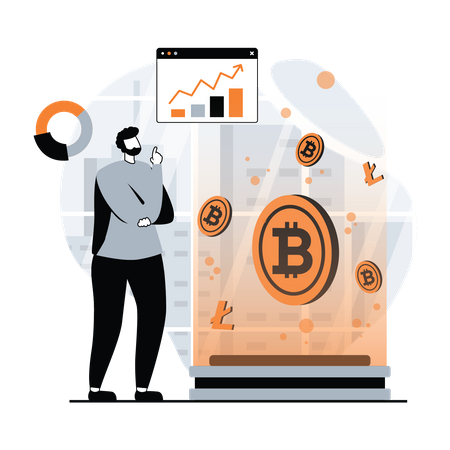 Man looking at Cryptocurrency Trading Desk Illustration