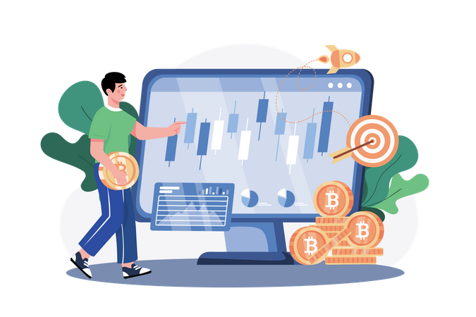 Man looking at Cryptocurrency Trading Desk  Illustration