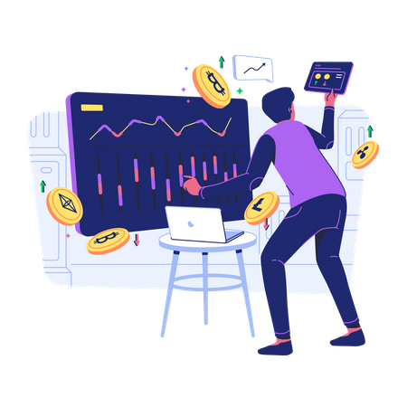 Man looking at Cryptocurrency Trading desk  Illustration