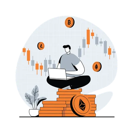 Man looking at Cryptocurrency Trading Desk  Illustration