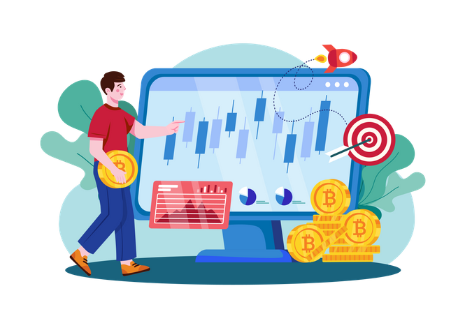 Man looking at Cryptocurrency Trading Desk  Illustration