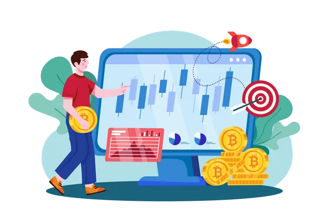 Man looking at Cryptocurrency Trading Desk  Illustration