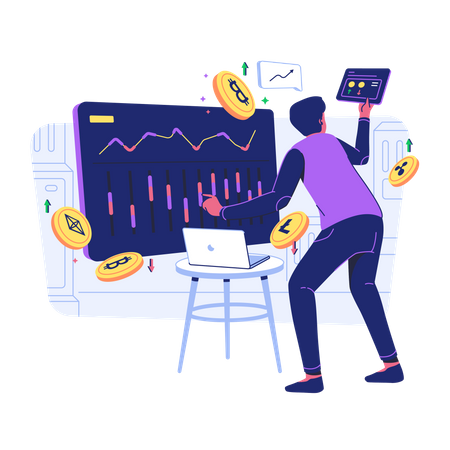 Man looking at Cryptocurrency Trading desk  Illustration