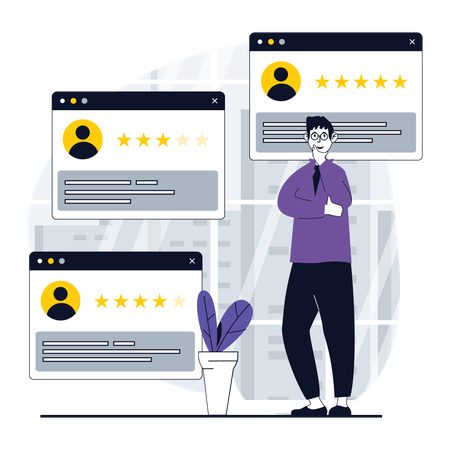 Man looking at customer reviews  Illustration