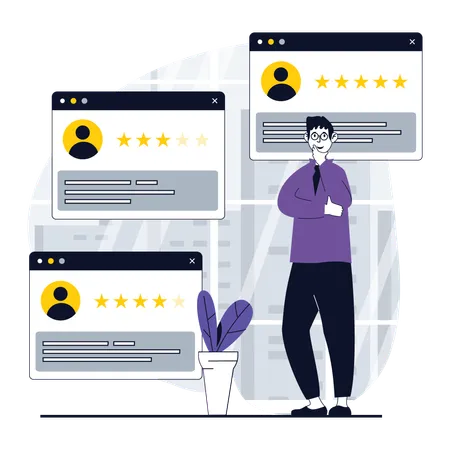 Man looking at customer reviews  Illustration